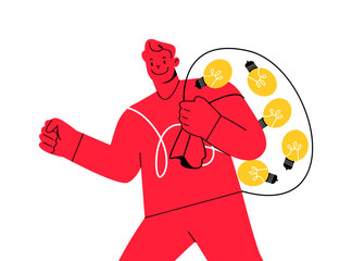 Creative talented man with many lightbulbs, ideas. Opportunities, inventions, creativity concept. Vector illustration