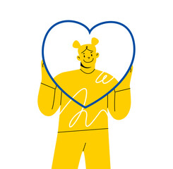 Happy volunteer holding big heart. Philanthropy, charity and donation concept. Person altruist supporting, sharing love, donating, giving help. Vector illustration