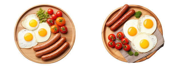 Round wooden plate with sausage, tomato and fried egg isolated on transparent background . Generative AI