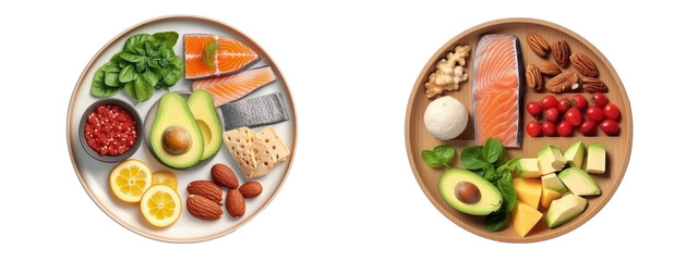 Top view of plate with keto diet isolated on transparent background . Generative AI