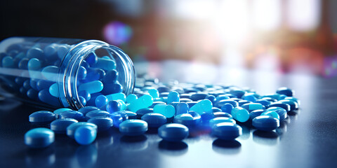 Blue medical pills and tablets spilling out of a drug bottle . Healthcare and Pharmaceuticals Concept . Pharmaceutical Industry Illustration - obrazy, fototapety, plakaty