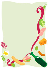 赤ワインのボトルの口からほとばしるワイン、ワインに合う食べ物を散りばめた美味しそうな背景フレーム