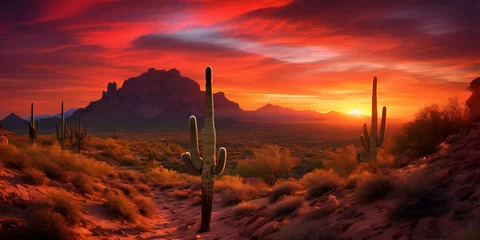 Crédence de cuisine en verre imprimé Rouge violet Cactus Landscape In Phoenix At Sunset Background