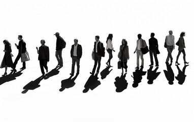 Silhouettes of walking people on white background. Front view.