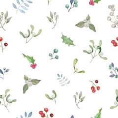 Watercolor Christmas seamles pattern with holly, mistletoe, berries. Hand drawn illustration. isolated on white background. Vector EPS.
