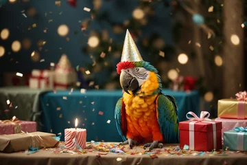 Fotobehang Macaw parrot with a party hat is enjoying Christmas  or birthday party. © Viewvie