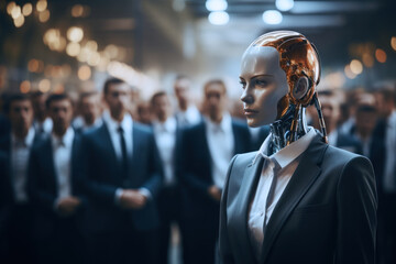 Robot leading a business team. The role of artificial intelligence and technology in shaping the future of corporate offices and team collaboration