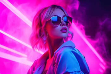 portrait of a stylish young girl in close-up, a girl with blonde hair wearing glasses, fashionable clothes, a jacket in smoke under neon lighting - obrazy, fototapety, plakaty