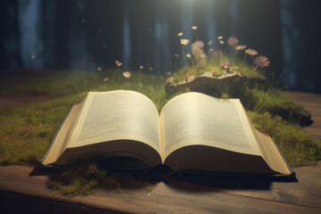 Open Book ion a table on a fairy forest background. Magic Book. Fairy tale book. Fantastic reading world. Reading and imagination concept
