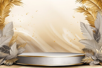 Shining in elegance. Silver podium adorned with gold leaves on a glorious background perfect for celebrations, greetings, and festive occasions - obrazy, fototapety, plakaty