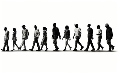 Silhouettes of walking black people on white background. Front view.
