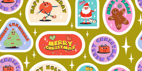 Groovy Christmas sticker pattern with funny comic characters. Seamless pattern retro cartoon for holiday. Sticker groovy with snata, ball character. Vector illustartion
