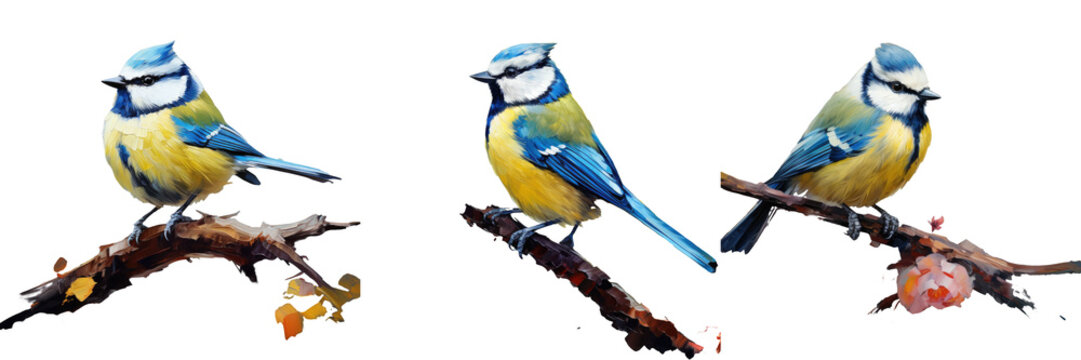 A blue tit with summer feathers perches on a branch alone in the woods transparent background