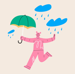 Positive thinking, protection from depression or anxiety, woman wellbeing and lifestyle concept,  young adult happy lady holding umbrella dancing in the raining cloud. Vector illustration