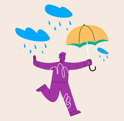 Positive thinking, protection from depression or anxiety, man wellbeing and lifestyle concept,  young adult happy man  holding umbrella dancing in the raining cloud. Vector illustration