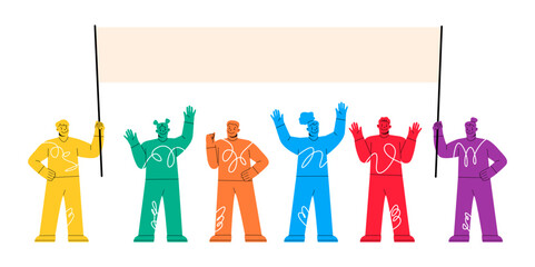 Group of men and women standing together and holding blank banner. Male and female protesters or activists. Vector illustration - obrazy, fototapety, plakaty