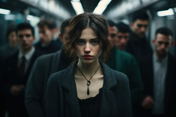 Harassment, abuse, violence concept. Lonely frightened serious young woman in crowd of lustful men in bokeh looking at camera in subway - obrazy, fototapety, plakaty