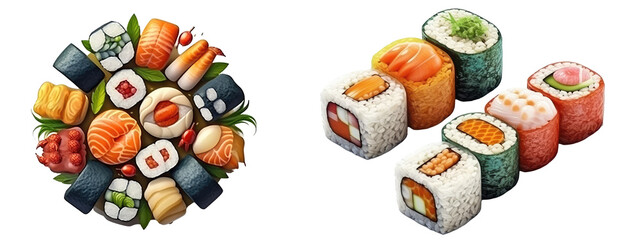 Different kinds of sushi as rolls, maki and  Rice and fish isolated on transparent backgrounds . Generative AI