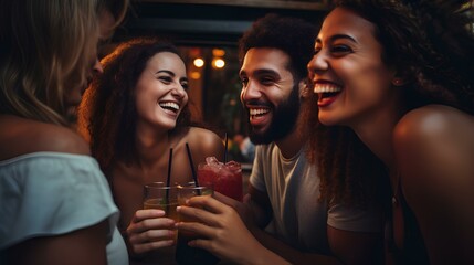 Multiracial friends celebrating party drinking cocktails at bar restaurant, Young people having fun on weekend day. Life style concept with guys and girls enjoying together. generative AI - obrazy, fototapety, plakaty