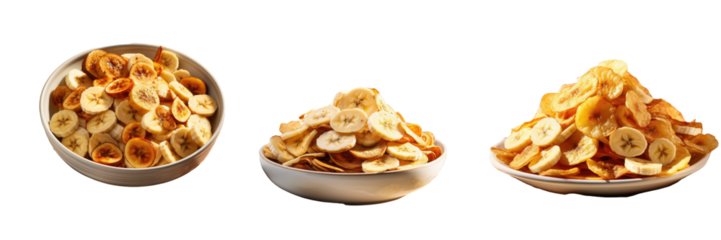 Banana chips and fresh bananas on a transparent background