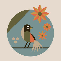 bird on tree in a simple colorful modern flat style