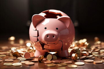 Financial crisis, broken piggy bank depicting bankruptcy, loss of investment and the economic stress. - obrazy, fototapety, plakaty