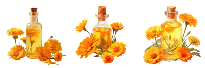 Calendula flower in a bottle of marigold oil on a transparent background