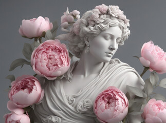 Sculpture of woman with peony flowers on grey background