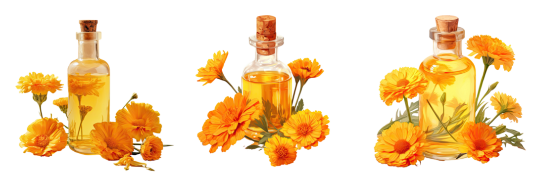 Calendula flower in a bottle of marigold oil on a transparent background