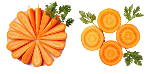 Fresh ripe carrot slices isolated on transparent background viewed from above