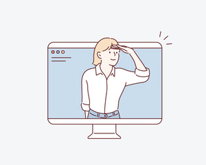 Internet user during online search of data, information. Hand drawn style vector design illustrations.
