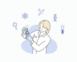 Female scientist in lab checking chemical reaction from beaker. Hand drawn style vector design illustrations.