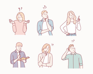 Collection of portraits of thoughtful people. Bundle of smart men and women thinking or solving problem. Hand drawn style vector design illustrations.