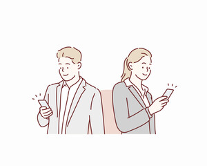 Business, finance and employment, female successful entrepreneurs concept. business people using mobile phone to contact clients. Hand drawn style vector design illustrations.