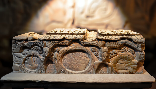 buddha statue in temple, Stone rock showcase platform featuring intricate carvings for displaying cultural artifacts, ncient, art, architecture, Ai generative 