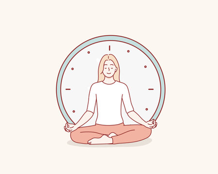 Calm Person Meditating Near Clocks And Finding Balance.Young Woman Sitting In Lotus Pose And Practice Deep Breathing Or Yoga. Hand Drawn Style Vector Design Illustrations.