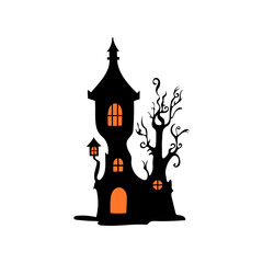 Haunted house with haunted trees Halloween vector illustration.