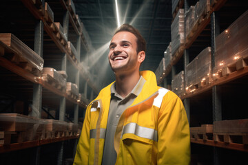 Fototapeta na wymiar Young professional warehouse worker managing stock boxes with confidence and a smile portrait of a man in an industrial occupation