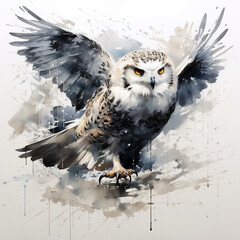 Image of painting snowy owl is flying on white background. Birds. Wildlife Animals. Illustration, Generative AI.