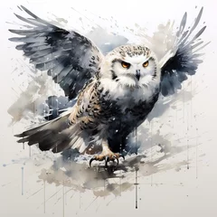 Foto op Canvas Image of painting snowy owl is flying on white background. Birds. Wildlife Animals. Illustration, Generative AI. © yod67