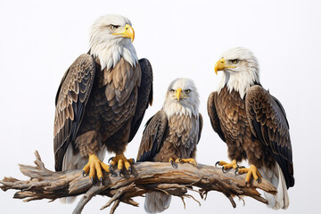 Image of family group of eagles on branches on white background. Birds. Animals. Illustration, Generative AI.