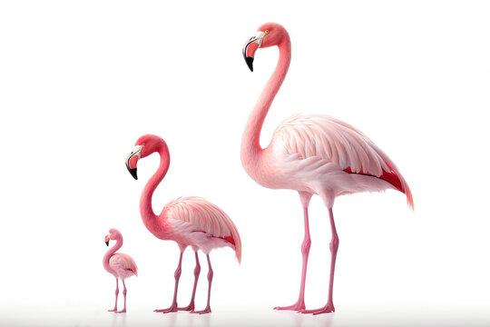 Image of family group of flamingo on white background. Bird. Wildlife Animals. Illustration, Generative AI.
