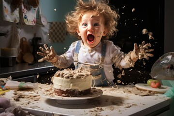 a playful hyperactive cute white toddler boy misbehaving and making a huge mess in a kitchen, throwing around cake and food at a birthday party celebration. Studio light.
