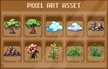pixel art design vector nature game assets 2d 8bit retro landscape grass illustration environment	tree cloud rocks flower grass 