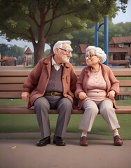 Old Couple Sitting On Bench Looking At Each Other