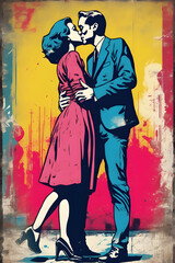 A graffiti style stencil of a vintage man and woman couple emraced in a kiss. 
