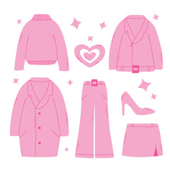 Set of barbicore elements. Vector collection of pink clothes. Flat style.