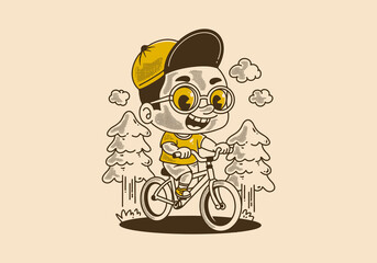 retro illustration of A boy riding bicycle, pine trees