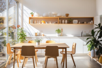 Obraz premium Blurred background material of dining room with natural wooden furniture
