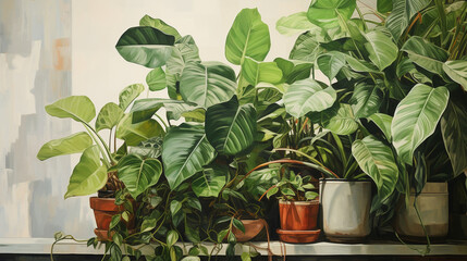 detailed painting of a potted houseplant close up at home